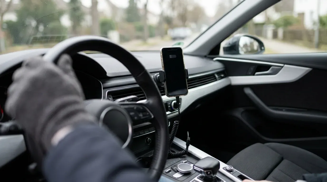 Smartphone lädt in einer Halterung am Armaturenbrett