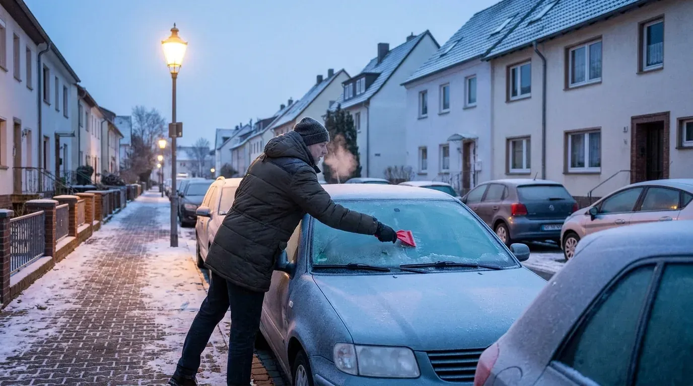 Person kratzt an einem Wintermorgen Eis von der Windschutzscheibe